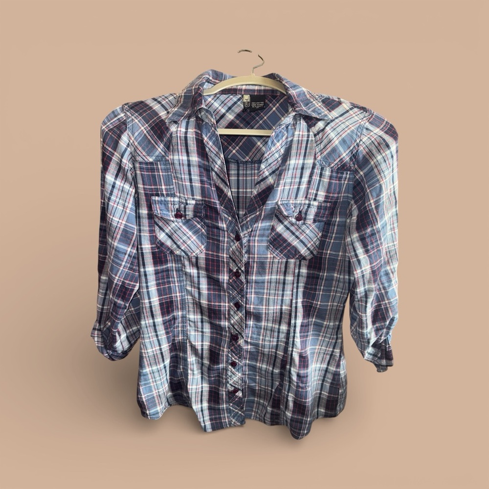 Passport Navy and Red Plaid Shirt 3/4 Sleeve Casual Western Blouse with Pockets